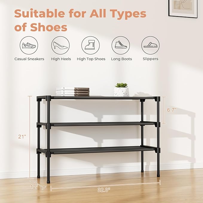 32.3" Widening Design Shoe Rack for Closet 16 Pairs Small Spaces Non-Woven 3 Tier Shoe Organizer Stackable Metal Shoe Shelf for Entryway, Bedroom