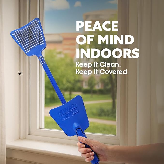 Improved Fly and Bug Swatter w/Integrated Cover, Flexible Bug Smasher for Flies and Bugs Swatting, Surface-Friendly Design, Adjustable Racket Handle - Fly Swatter for Indoors (Pack of 3)