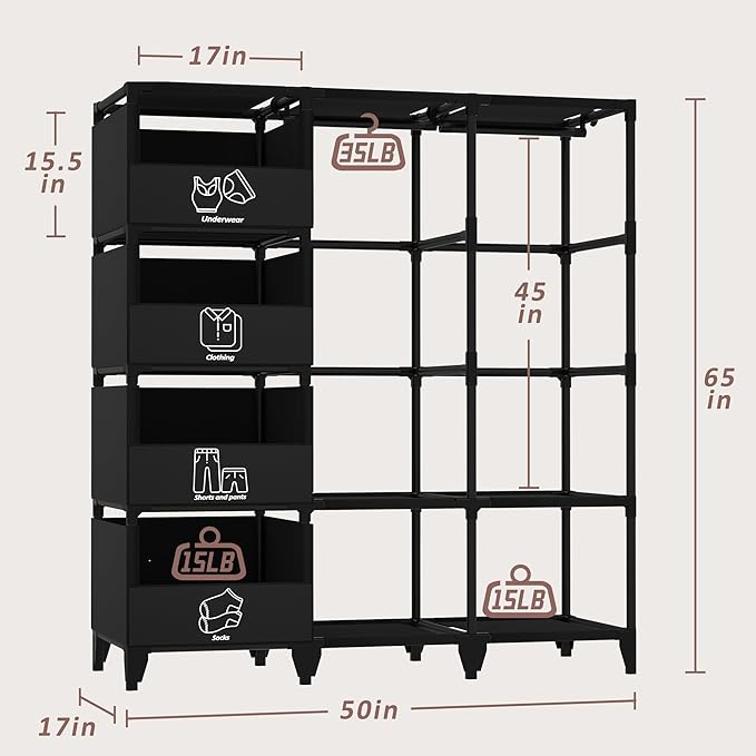 Portable Closet, Easy Assembly, Large Capacity Wardrobe Closet, Sturdy and Stable Clothes Rack with Shelves 4 Storage Baskets and 2 Hanging Rods, for Bedroom and Cloakroom Black