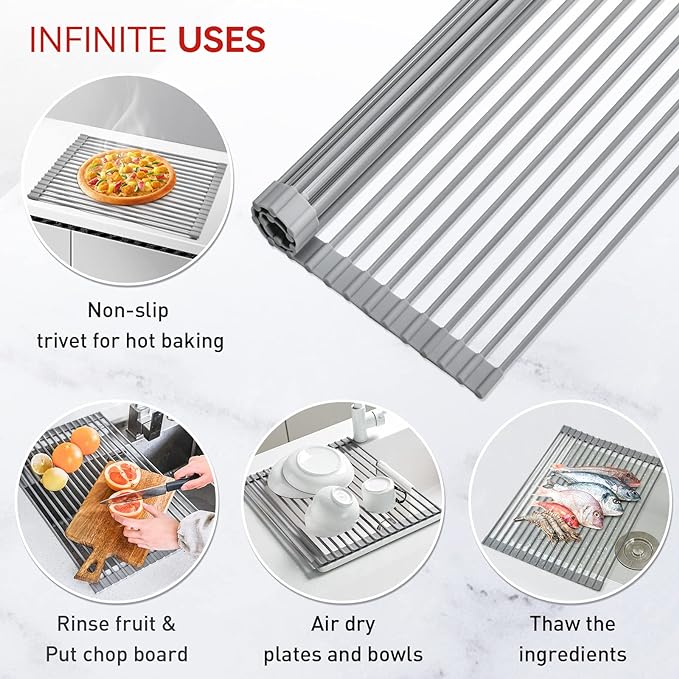 MERRYBOX Roll Up Dish Drying Rack, Over The Sink Dish Rack Foldable, Heat-Resistant, Anti-Slip Silicone Coated Steel Dish Drainer for Kitchen Sink, Multipurpose Roll Up Sink Drying Rack, 17.5" x 13"