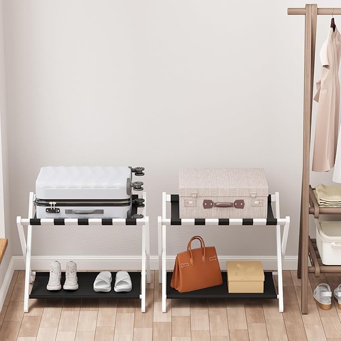 Smuxee White Bamboo Luggage Rack Pack of 2, Foldable Suitcase Stand with Storage Shelf, Easily Assembled Luggage Stand with 5 Nylon Straps for Guest Room Bedroom Hotel
