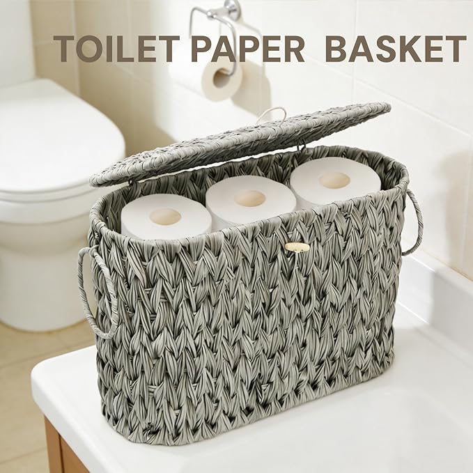 Pumtus Toilet Paper Storage Basket, Handwoven Toilet Paper Holder with Lid & Handle, Large Decorative Container for up to 6 Rolls, Plastic Trash Bin Magazine Organizer for Bathroom, Office