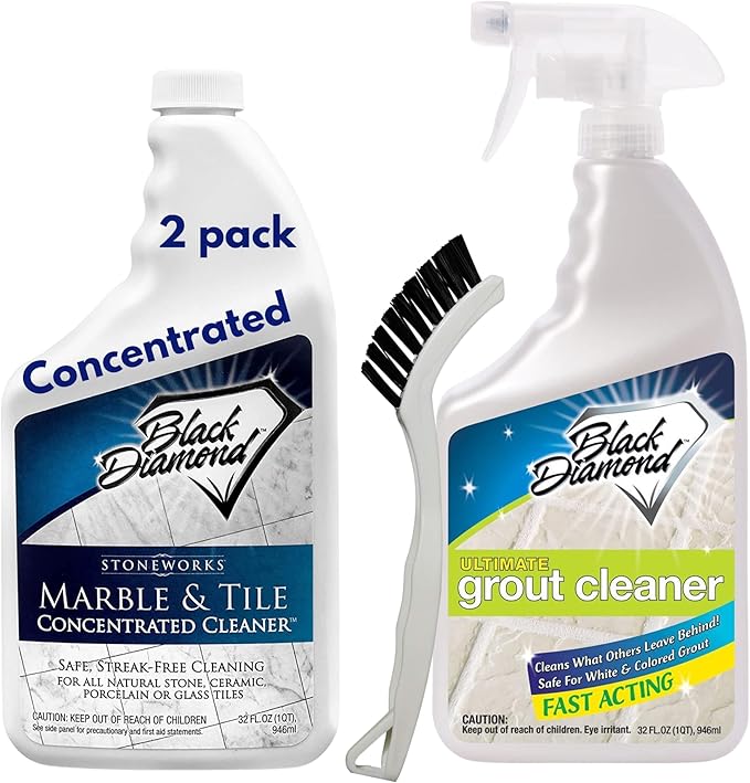 Black Diamond Stoneworks Ultimate Grout Cleaner with Brush + Marble & Tile Cleaner (2-Pack) – Safe for Natural Stone, Acid Free Deep Cleans Grout, Restores Shine to Marble, Granite, Travertine & Tile