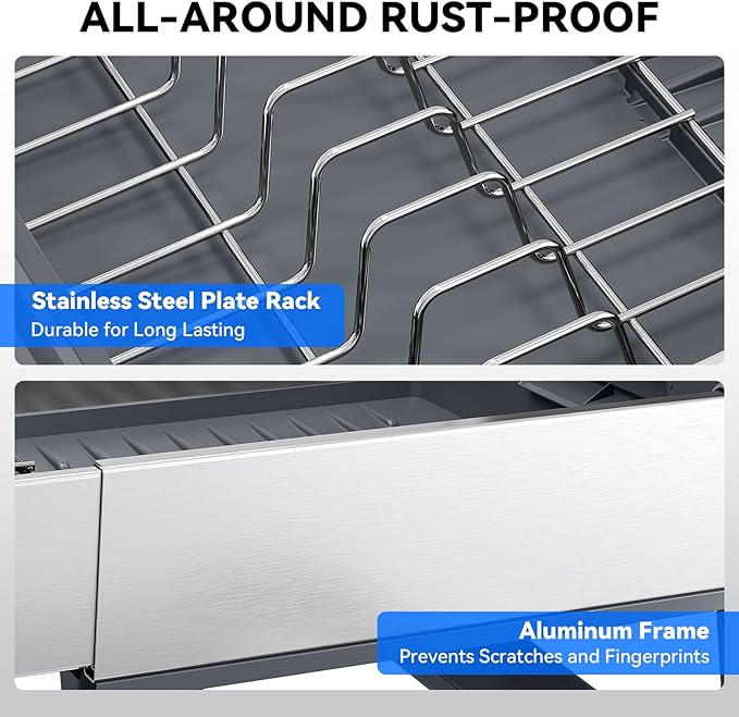 Urackify Expandable Dish Drying Rack, Stainless Steel Dish Rack with Aluminum Frame, Dish Drainer for Kitchen Counter, Space Saving Kitchen Drying Rack with Movable Utensil Holder, Gray