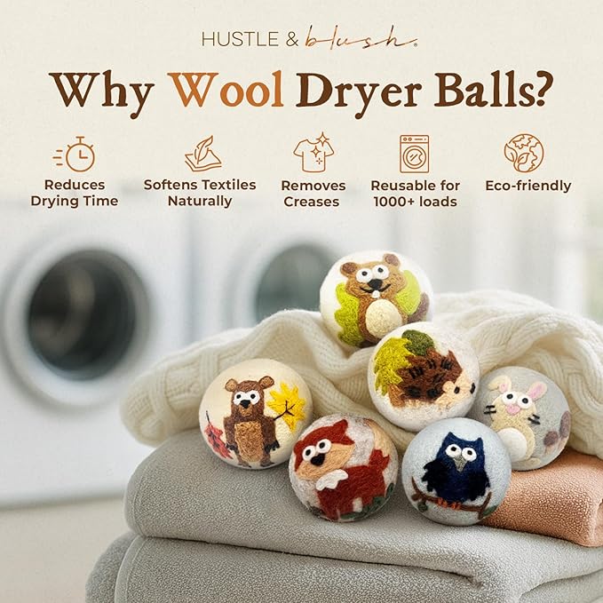 Hustle & Blush Fluff Ewes Wool Dryer Balls 6 Pack - Extra Large Hedgehog and Homies Premium Hand Needled New Zealand Laundry Set, Reduces Drying Time, Static Control, Chemical Free Reusable