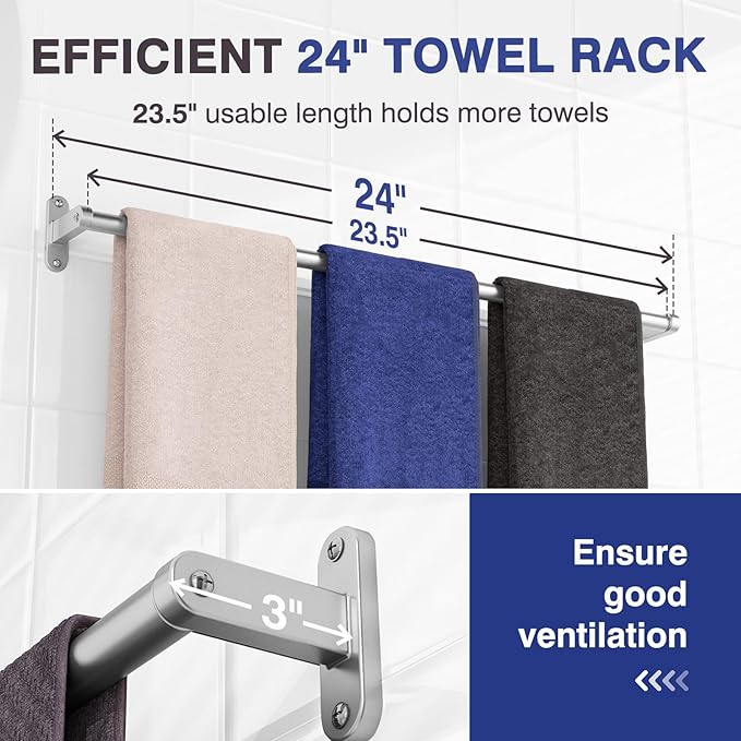Powools Brushed Nickel Towel Rack for Bathroom - 24" Rustproof Towel Holder, Sturdy Towel Bar Wall Mounted, Space-Saving Towel Hanger, Bathroom Accessories, Home Decor, Apparment Essentials