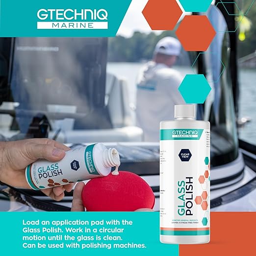 Gtechniq Marine Glass Polish for Boats, 8.5 fl oz | Fast-Acting Hydrophobic Formula Removes Minerals, Salt Deposits, Water Spots and Dirt from Glass and Plexiglass, Smear and Scratch-Free Finish