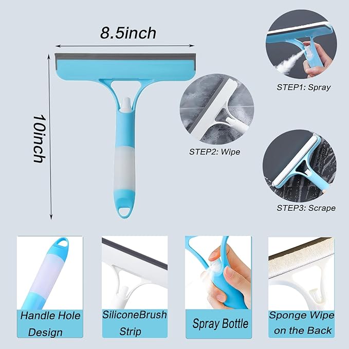 3 in 1 Spray Window Squeegee Cleaner Scraper, Squeegee and Scrubber with Spray for Windows Walls Car Windshields Bathrooms Kitchens Purpose Window Cleaner ToolWindows