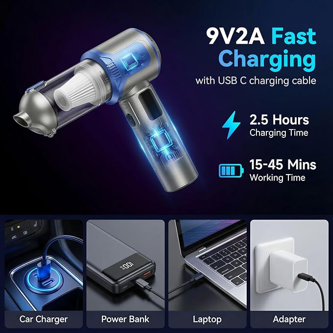 Handheld Car Vacuum Cleaner, 20000Pa High-Power Cordless Vacuum with 6000mAh Battery, LED Light, Washable HEPA Filter, Large Dust Cup, Lightweight Mini Vacuum for Car/Home/Pet Hair