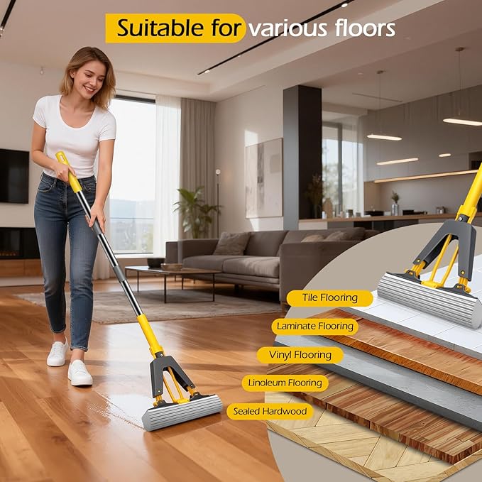 MASTERTOP Sponge Mop, Self Squeeze Mop with 3 PVA Absorbent Mop Refills, Roller Sponge Mop with 52'' Stainless Steel Handle for Kitchen Bathroom Office Hardwood Laminate Floor Cleaning