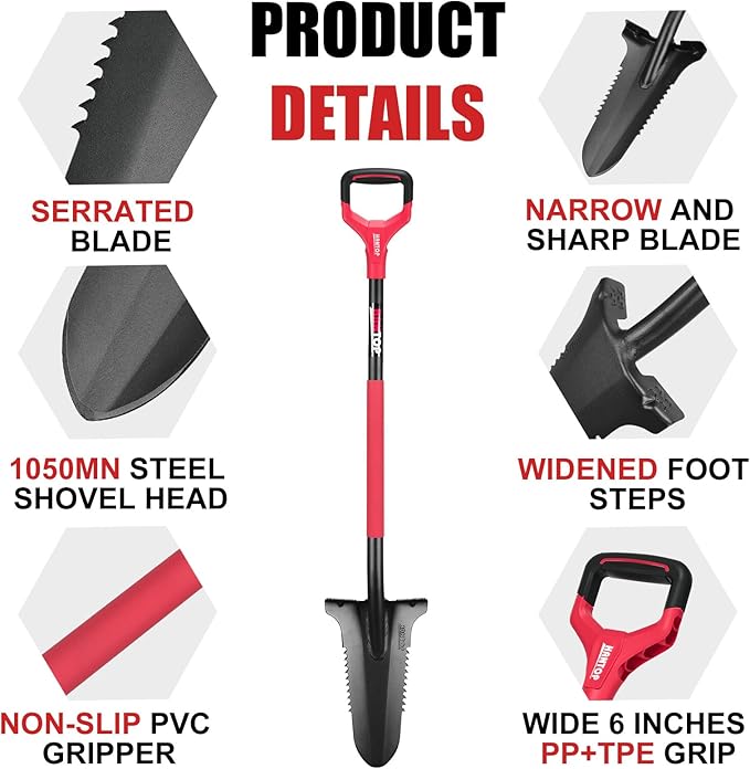 Drain Spade Garden Shovel Digging Shovels Root Saw Spade with Ergonomics Oval Steel Handle for Digging, Trenching, Cutting Roots,47.2 Inches