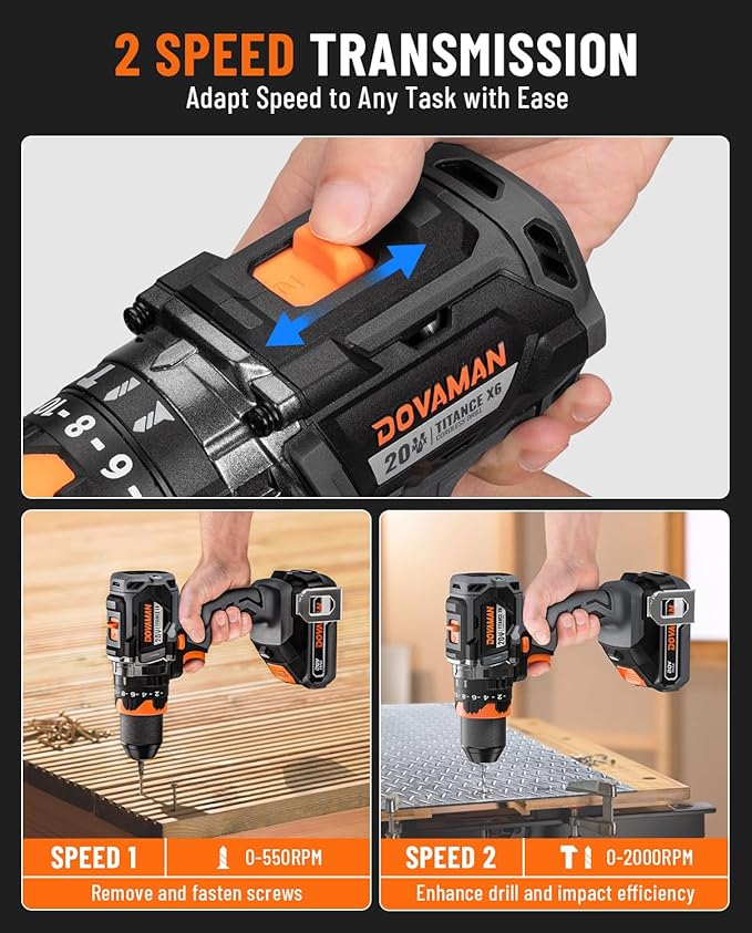 TITANCE X6 20V Brushless Drill Driver Kit, 1/2'' Cordless impact Drill, 575 IN-LBS, 36000 BPM, 3-IN-1 Mode, 2-Speed, Metal Chuck, 2.0Ah Battery, Driver Kit for DIY Project & Home Use