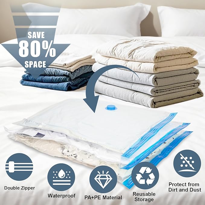 15 Jumbo Vacuum Storage Bags, Vacuum Seal Bags for Clothing Space Saver Compression Storage Bag with Hand Pump Extra Large for Clothing Travel Comforters Blankets Pillow Bedding Duvets Clothes