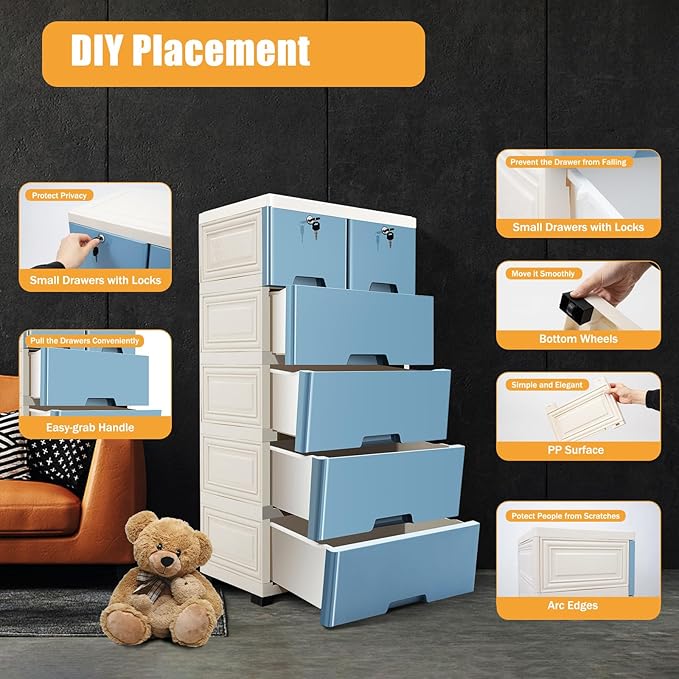 6 Drawer Storage Drawer, Clothes Organizer Tower Cabinet, Plastic Drawers Dresser Storage Cabinet with 4 Wheels for Home Office Bedroom, Blue