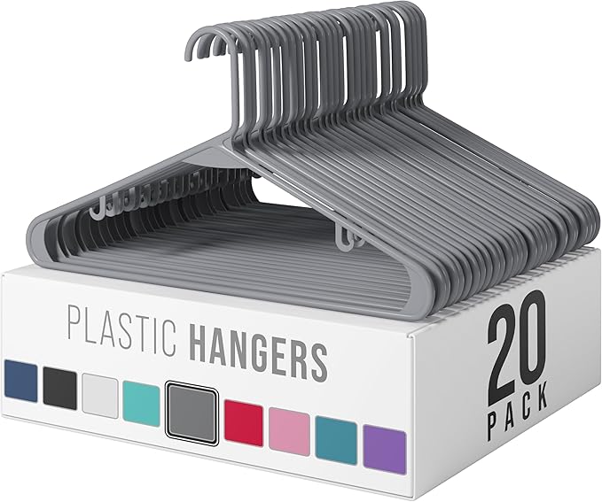Plastic Hangers 20 Pack Grey - Clothes Hangers - Makes The Perfect Coat Hanger and General Space Saving Clothes Hangers for Closet - Percheros Ganchos para Colgar Ropa Hangars