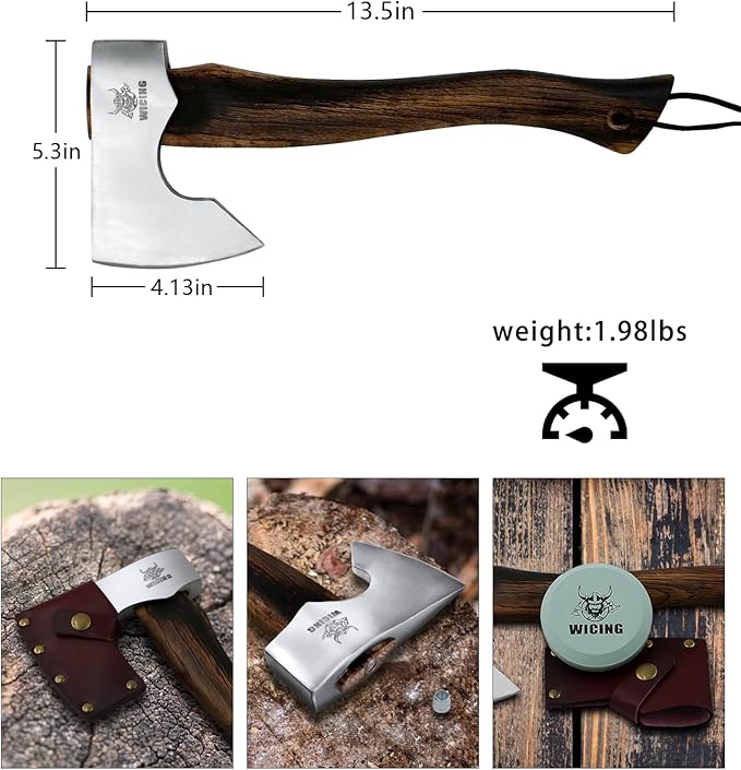13.5 Inch Hatchet, Camping Axe 1055 Carbon Steel and Beech Handle, Survival Hatchet with Leather Sheath for Wood Splitting and Kindling