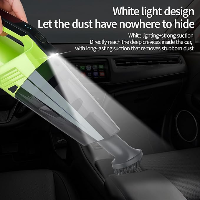 Cordless Car Vacuum: Portable Handheld Vacuum with LED Light, High Power Suction, Lightweight Rechargeable Hand Vacuum Cleaner for Car, Home, Office, and Pet Hair - Green
