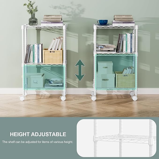 M MZG 3 Tier Shelf Metal Storage Shelves Wire Rack Closet Organizers with Wheel for Garage Kitchen Bathroom Laundry White 11.8" D x 17.7" W x 29.8" H