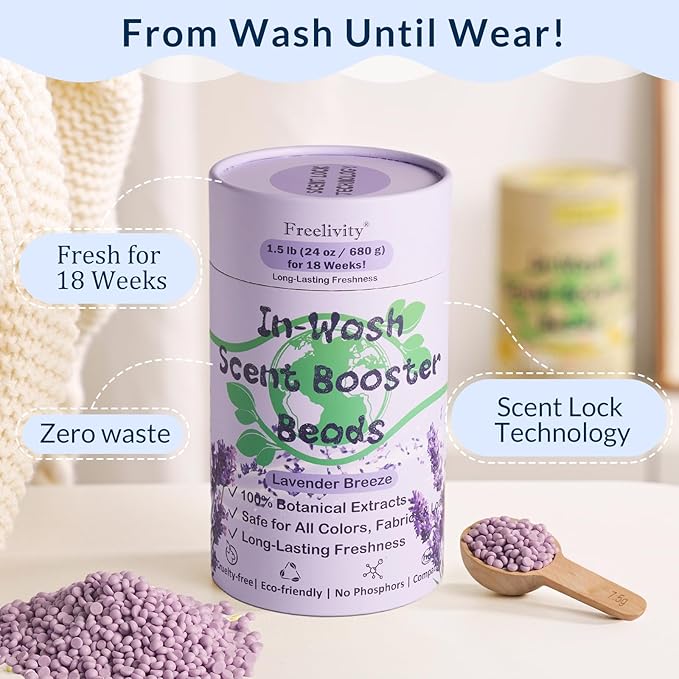 Freelivity In‑Wash Scent Booster Beads – Lavender Breeze Scent, Laundry Beads fabric softener, 24 oz – Lasts Up to 70 Washing Cycles – Eco‑Friendly & Safe for Babies and Kids
