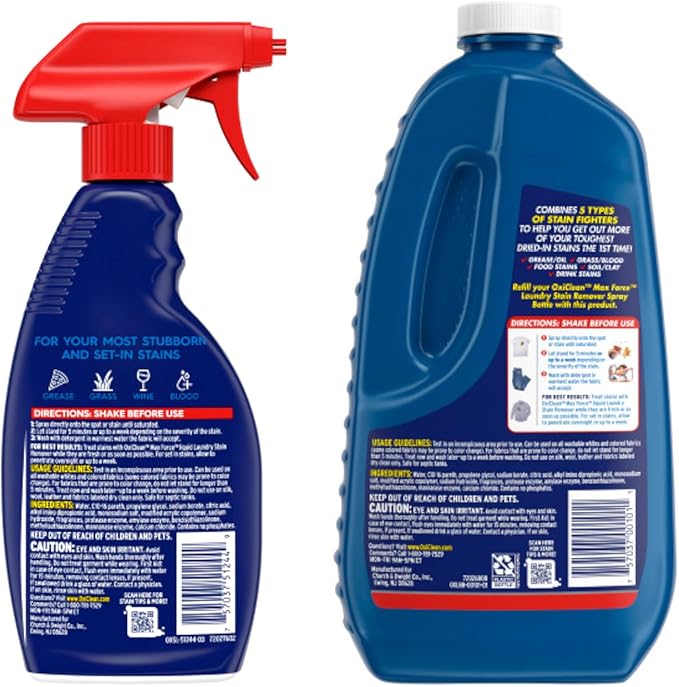 OxiClean Max Force Laundry Stain Remover Spray, 12 fl oz + 48 Fl Oz Refill Bottle Kit 60 Fl Oz Total