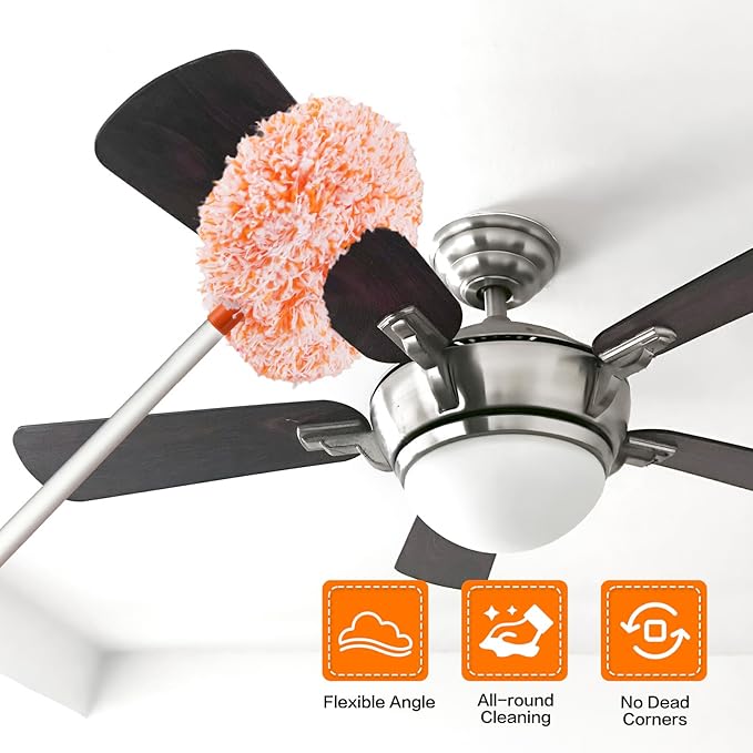Ceiling Fan Cleaner Duster Reusable Microfiber Ceiling Fan Blade Cleaner Removable Duster with Extension Pole Adjusts 13 to 49.7 Inch for Cleaning Walls Furniture Door Window Top (Orange White)