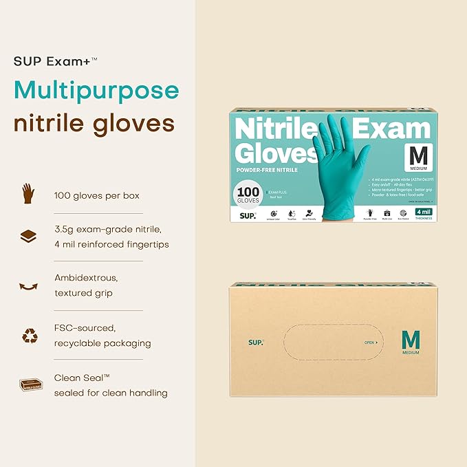 SUP Powder-Free Nitrile Gloves, 100 Count Food Safe Latex-Free Disposable Gloves for Medical Cooking Cleaning Food Prep, Teal