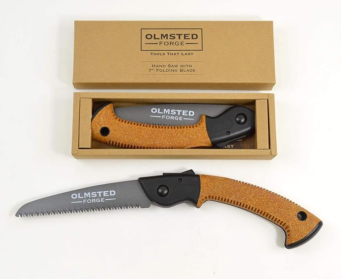OLMSTED FORGE Hand Saw with 7 Inch Folding Blade and Push Button Lock - Portable Saw for Camping, Hiking, Hunting, Pruning, Tree Trimming, Cutting Branches