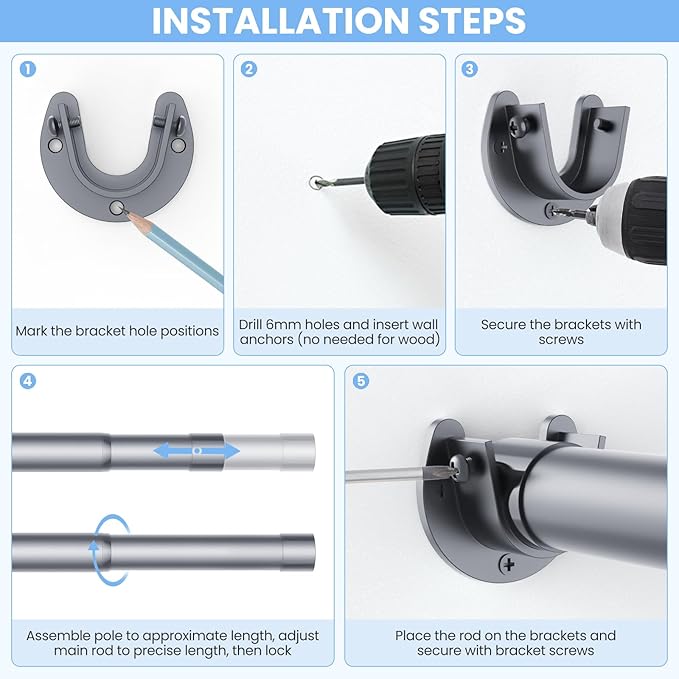 Closet Rods for Hanging Clothes, 17 to 69 Inches No-Cut Stepless Adjustable Closet Rod, 1.3 Inches Expandable Metal Heavy Duty Closet Hanging Rod for Closet Wardrobe Bathroom Laundry RV, Silver