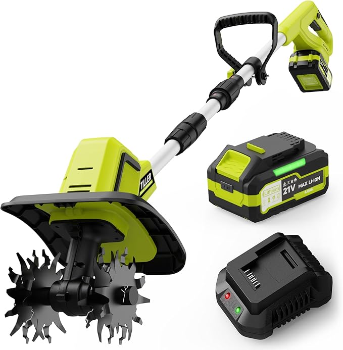 21V Cordless Tiller Cultivator, 400RPM Electric Rototiller with 48 Steel Tines, 4.0Ah Battery & Fast Charger, 8-inch Width 6-inch Depth Garden Tiller, Tiller for Gardening and Soil - Green