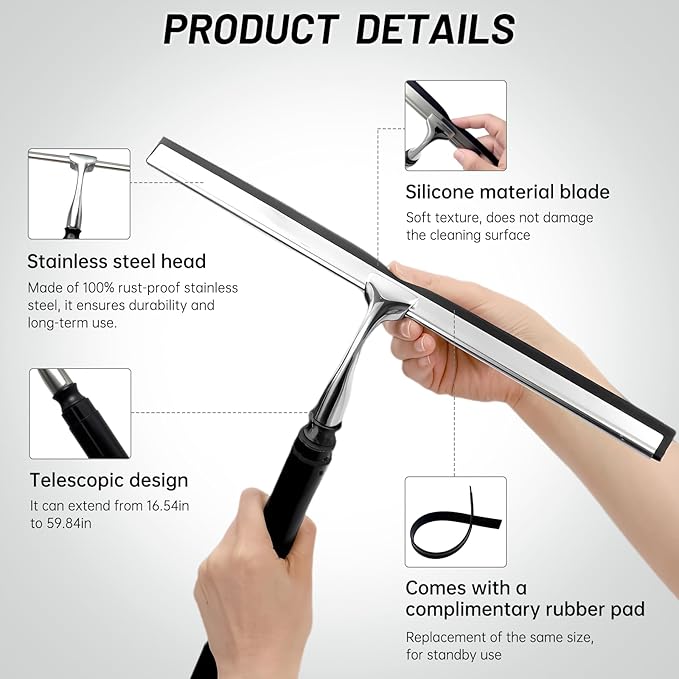 Squeegee for Shower Glass,Shower Squeegee for Glass Doors,Telescopic Window Squeegee for High Windows,Includes Towel Sleeves,Replacement Silicone Blade&Hooks,2 in 1 Queegee for Window Cleaning Kit