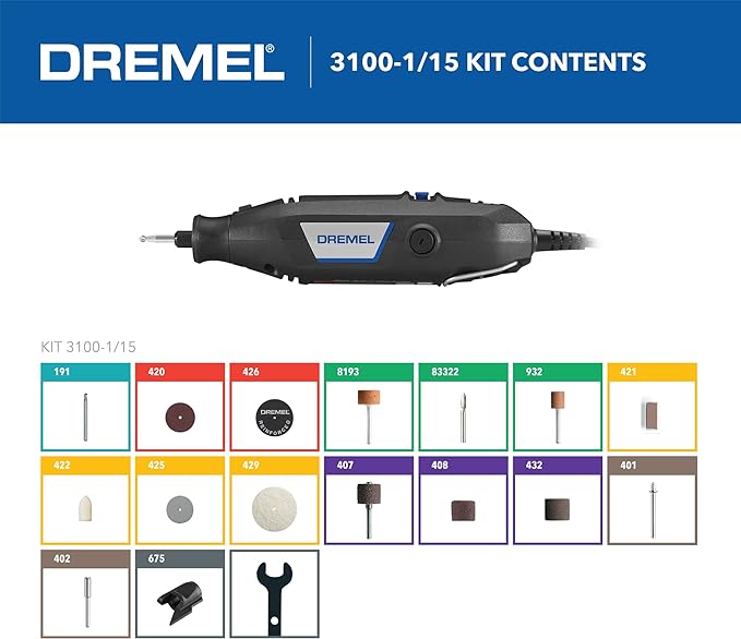 Dremel 3100-1/15 Variable Speed Rotary Tool Kit- 1 Attachment and 15 Accessories, Ideal for a Variety of Crafting and DIY Projects- Cutting, Sanding, Grinding, Polishing, Drilling, and Engraving