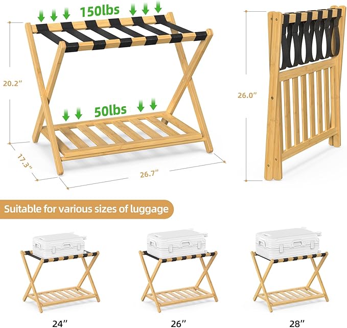 BAMBOOHOMIE 2 Pack Bamboo Luggage Rack for Guest Room, 26.77" Folding Wide Suitcase Stand with Storage Shelf, Thickened Luggage Stand Holder for Bedroom Hotel, Luggage Rack for Suitcases (Natural)