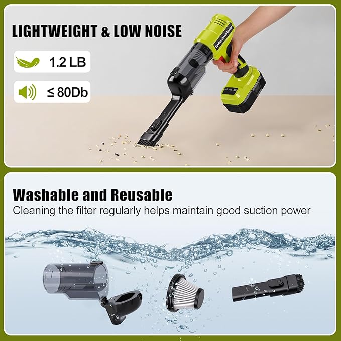 Cordless Vacuum Compatible with Ryobi 18V Battery, Handheld Electric Vacuum Cleaner with 105AW Powerful Suction, 3-Speed Car Vacuum for Home Pet Hair, Car (5 Filters, Battery Not Included)