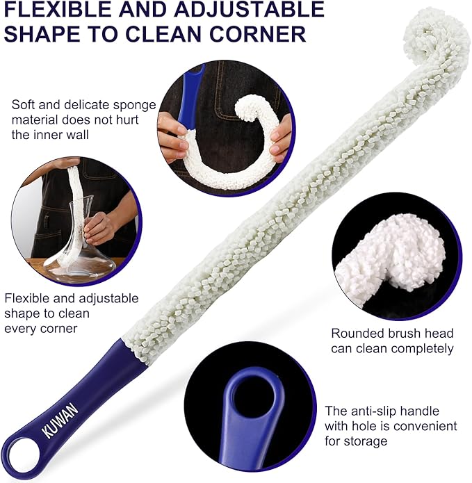 KUWAN Bottle Cleaning Brush Multi-Function Household Tools Flexible Bottle Scourer for Some Decanters, Goblets, Glasses, Cups (Long 3pcs)