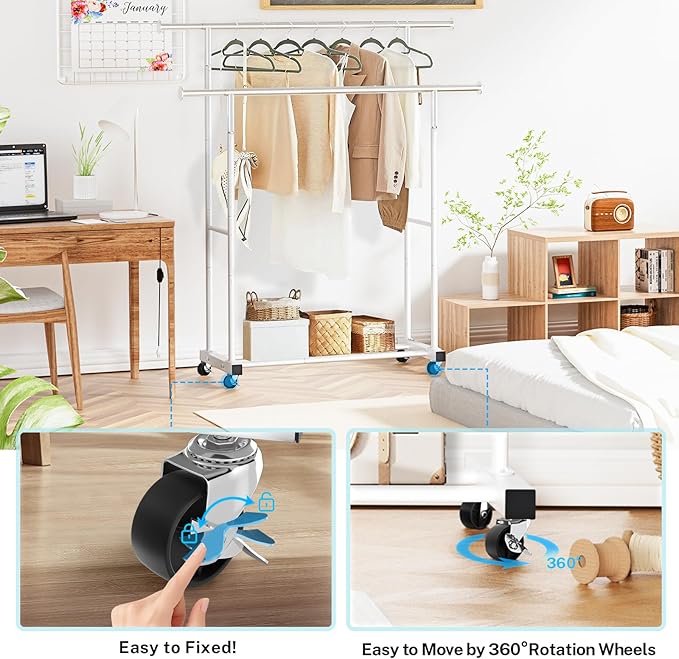 VICERII Double Clothing Rack, 55.51 Inch Garment Rack with Wheels and Bottom Shelf, 130LB Capacity Heavy Duty Rolling Clothes Racks for Hanging Clothes, Coats, Shirts, Sweaters, Skirts, White