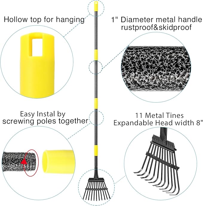 Garden Leaf Rake for Leaves with 32 Gallon Lawn and Leaf Bags & Leaf Scoops, Adjustable 11 Tines 9" Wide Small Adult Kids Lawn Shrub Yard Landscape Metal Rake Heavy Duty Long Handle 30-60