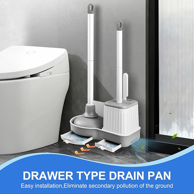 Toilet Brush and Plunger, 3 in 1 Toilet Bowl Brush and Holder with Crevice Cleaning Brush Wall Mounted Household Bathroom Cleaning Tools Combo Set(White-Gray)