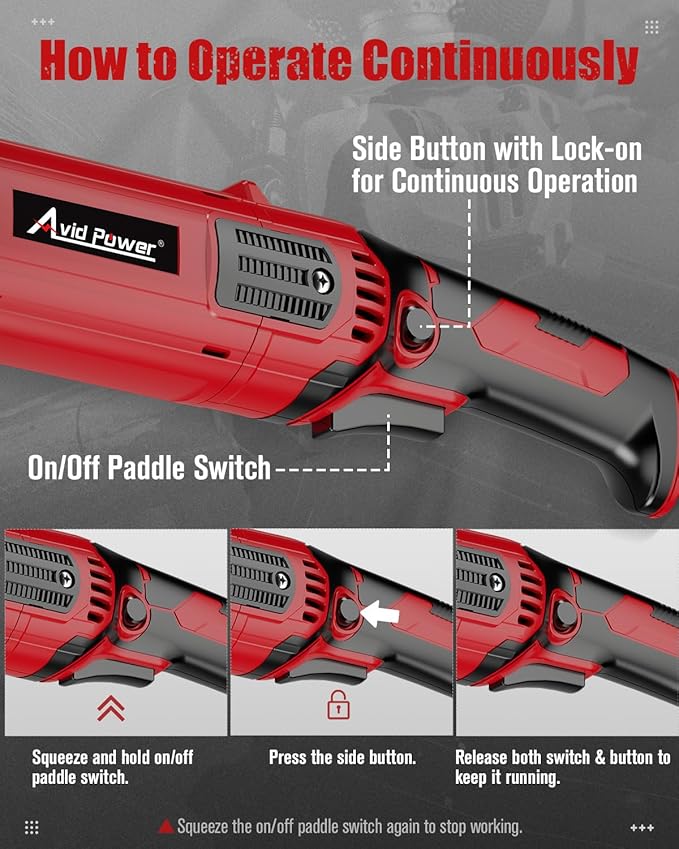 AVID POWER Angle Grinder 4-1/2 Inch 8.0 Amp 1000W Electric Grinder Tool 7-Variable-Speed Metal Grinder, 11,500 RPM, Paddle Switch with Lock-on Button, Cutting & Grinding Wheels and Side Handle - Red