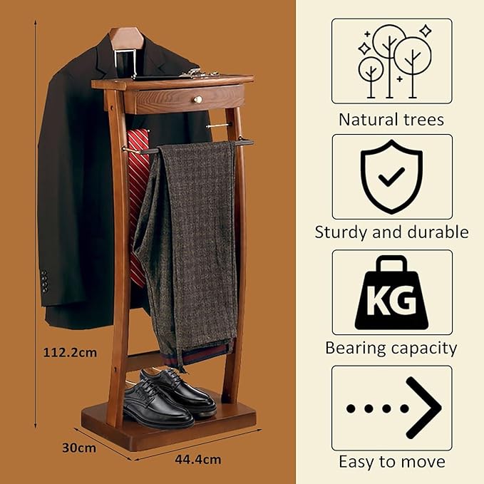 Wood Clothes Valet Stand with Tray, Floor Standing Suit Valet Stand with Drawers and Front Trouser Rack, Men's Valet Stand, for Living Room Office Dressing Room 44.4x30x112.2 cm (Walnut)
