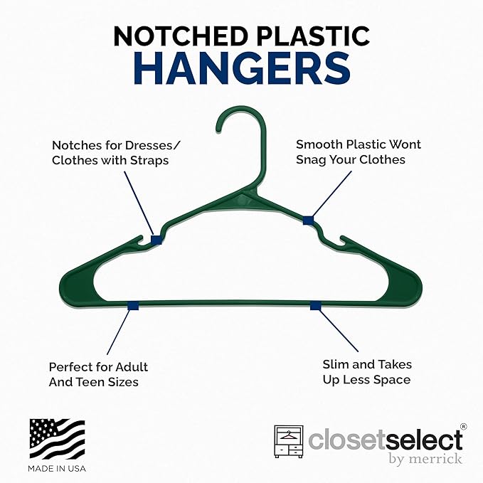 Closetselect Plastic Hangers 50 Pack - Space Saving Clothes Hangers, Made in USA, Durable & Strong Plastic Shirt & Coat Hanger with Notches & Shoulder Grooves, Non-Slip Clothing Hangers | Carpet Green