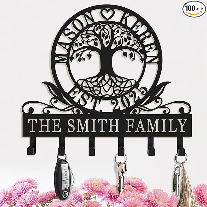 Personalized Tree of Life Key Holder for Wall Custom Key Rack with Hooks Key Hanger for Entryway Family Name Wall Decor Gift for Home