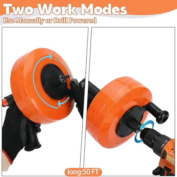 50 Ft Drain Auger,Use Manually or Drill Powered 50 Foot Drain Snake,Heavy Duty Flexible Plumbing Snake,With Gloves and Storage Bag for Kitchen Sink, Shower Drain (50FT, Orange)
