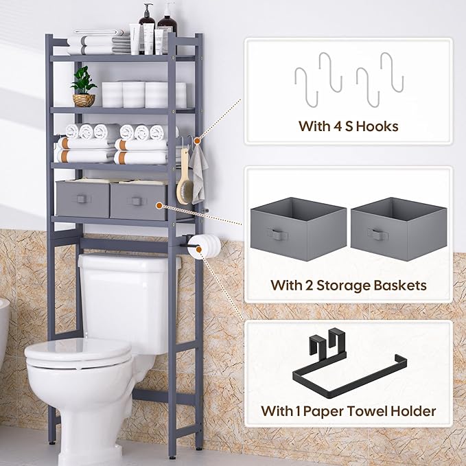 Cozivolife Over The Toilet Storage with 2 Baskets, 4-Tier Bamboo Organizer Rack with Paper Holder & 4 Hooks & Waterproof Feet Pad,Freestanding Shelf for Bathroom(Grey)