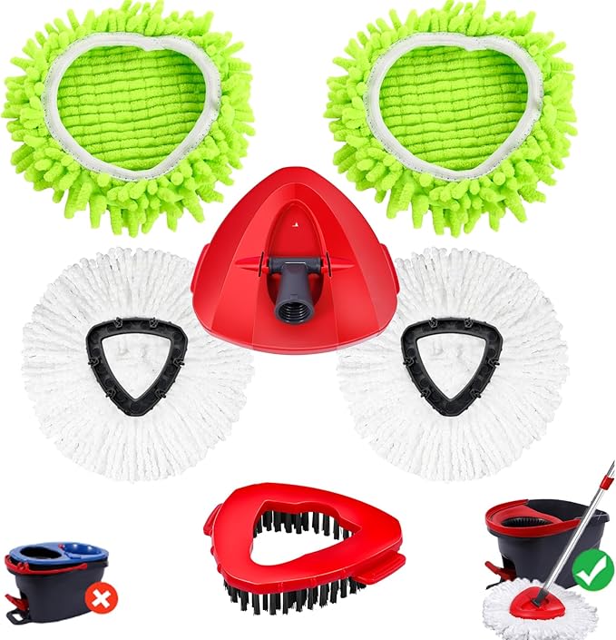 Wa.IE JiemiMicrofiber Spin Mop Refills Head Compatible for EasyWring 1-Tank System (6-Pack Set: Includes 1 Mop Scrub Brush + 1 Mop Base + 4 Pack Cleaning Floor Mop Head)