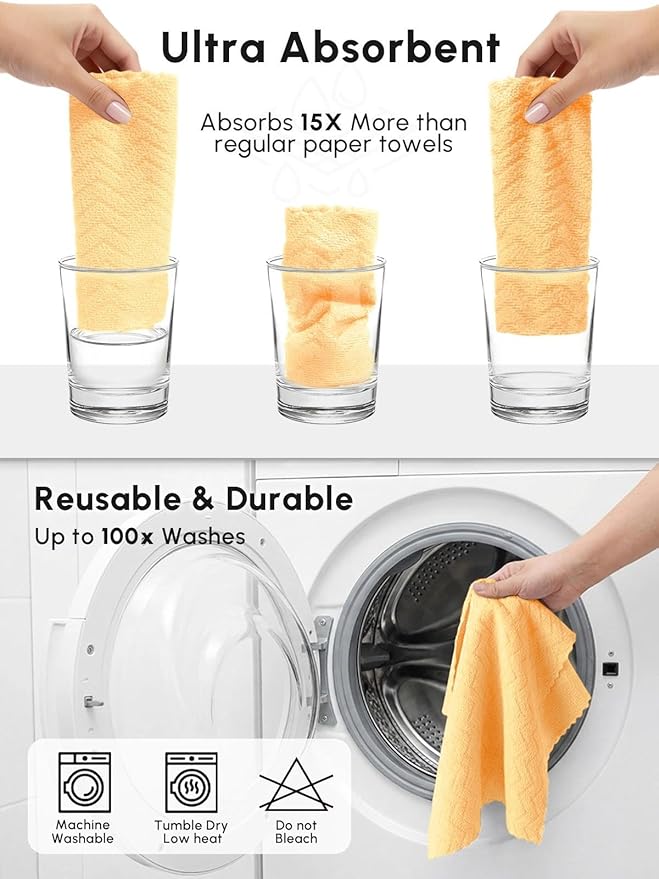 Microfiber Cleaning Cloths Roll, 75 Pack Tear Away Microfiber Towels Roll, 12" x 12" Lint Free Rags, Reusable Cleaning Cloths, Washable, Scratch Free,Ultra Absorbent Dish Rags(Orange Ripple)