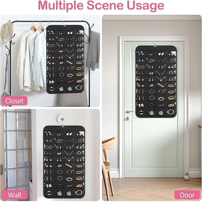 2 Pack Hanging Jewelry Organizer, 80 Clear Pockets earring organizer and storage, Accessories holder organizer for Closet, Jewelries, Necklace, Travel