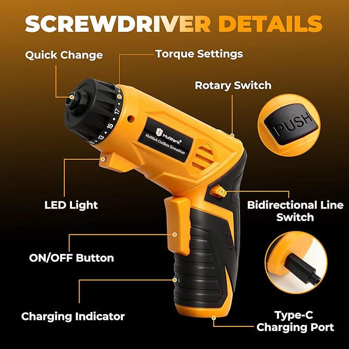 MulWark Electric Screwdriver Set, 4V Cordless Screwdriver with 46 Precision Driver Bit Set in Carrying Case Rechargeable 2-Position Handle, Powered Screwdriver Kit for Home Improvement, DIY Projects