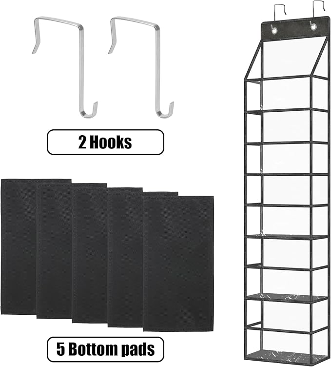 5-Shelf Over The Door Pantry Organizer with Clear Pockets, Heavy Duty Hanging Storage for Closet, Bedroom, Bathroom, and Nursery (Black, Holds up to 28 lbs)
