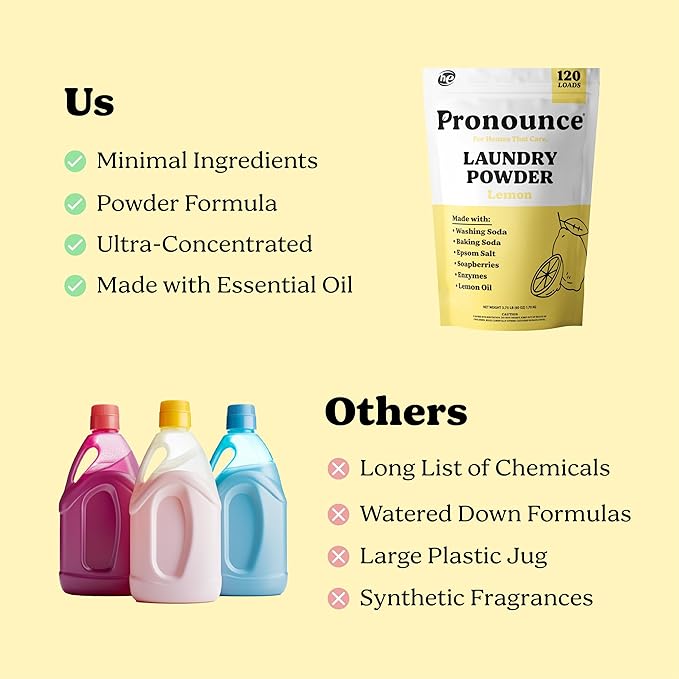 Pronounce Laundry Detergent Powder Alternative | Cleaner Ingredients. Safer for Sensitive Skin. Stain + Smell Fighting. With Essential Oils. HE Safe - 120 Loads (Lemon).