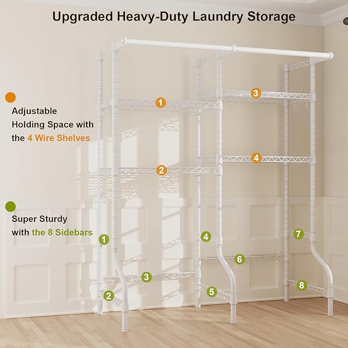 ULIFHOME U14 Medium Over the Washer and Dryer Shelves, 4 Tiers Laundry Room Storage and Organizer System, Space Saving Clothes Drying Rack with 2 Clothes Hanger Rods, 57.8"W x 20.5"D x 77.4"H, White
